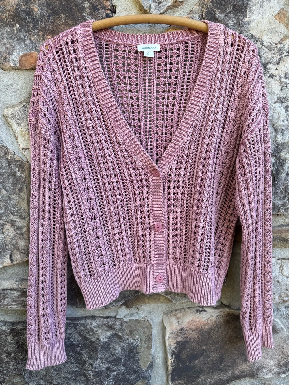 Sundance Dusty Rose Pointelle Cable Knit 100% Cotton Cardigan Sweater M Boho